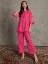 Fuchsia Embroidered Sleeve Shirt Kurti With Palazzos-Shae by SASSAFRAS