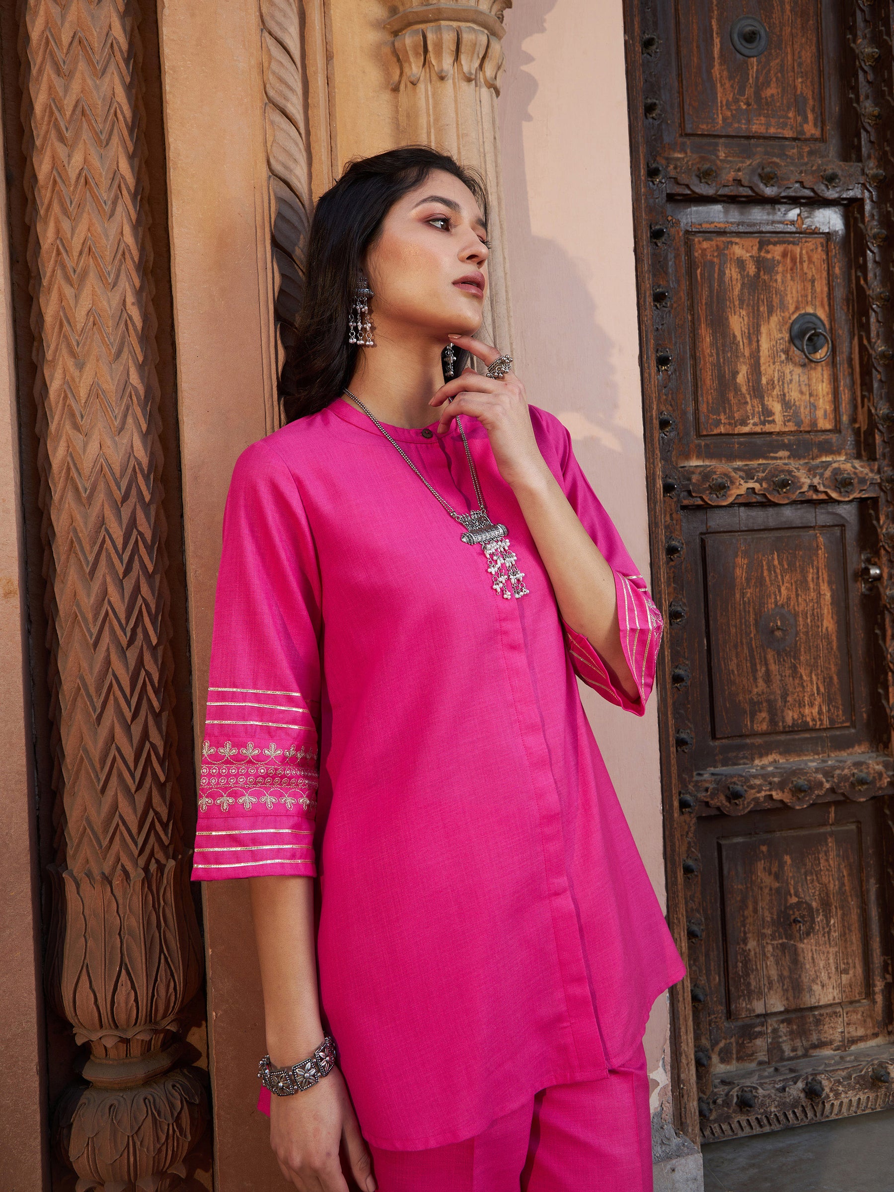 Fuchsia Embroidered Sleeve Shirt Kurti With Palazzos-Shae by SASSAFRAS