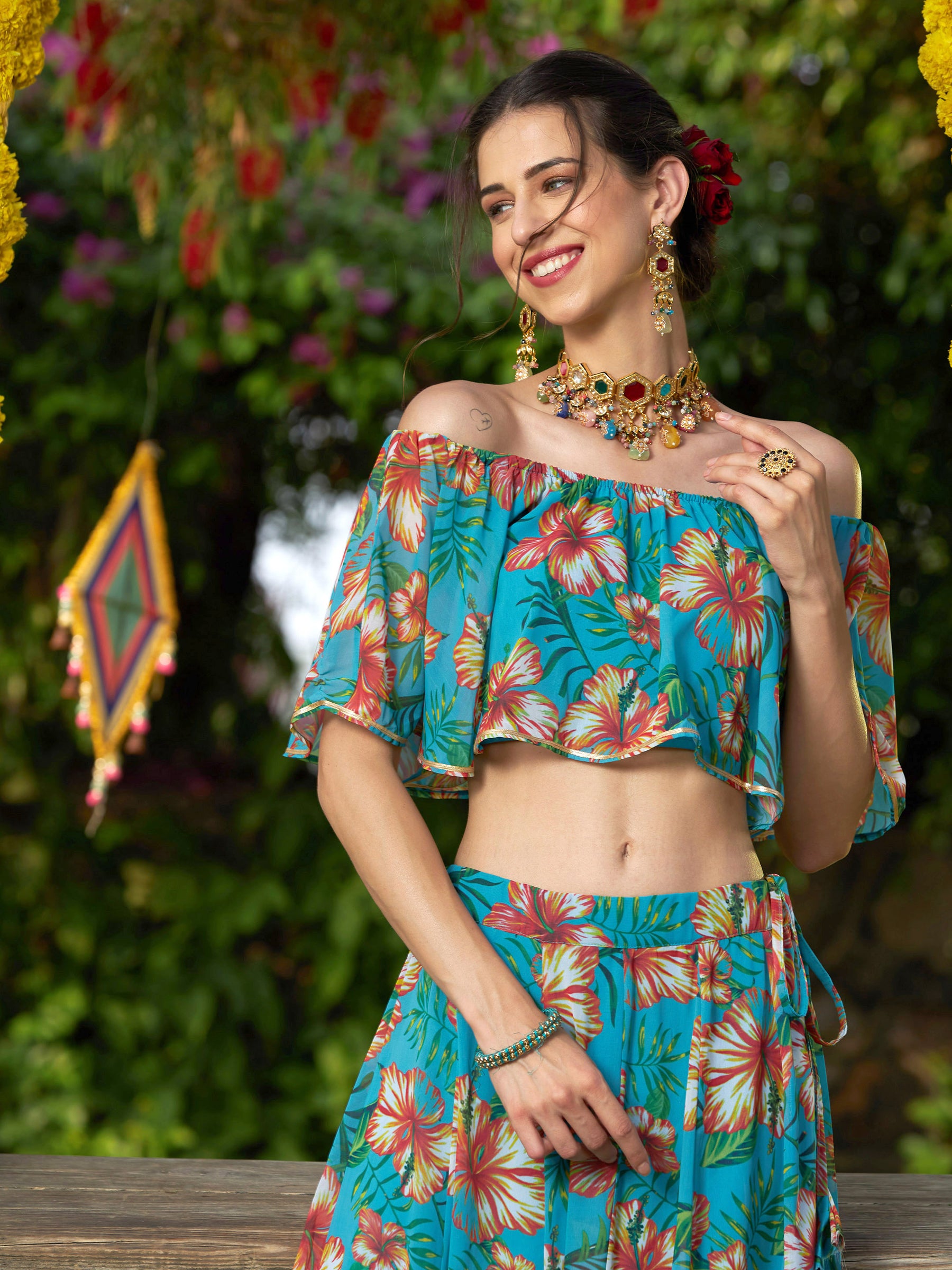 Buy Teal Floral Off Shoulder Crop Top With Anarkali Skirt Online