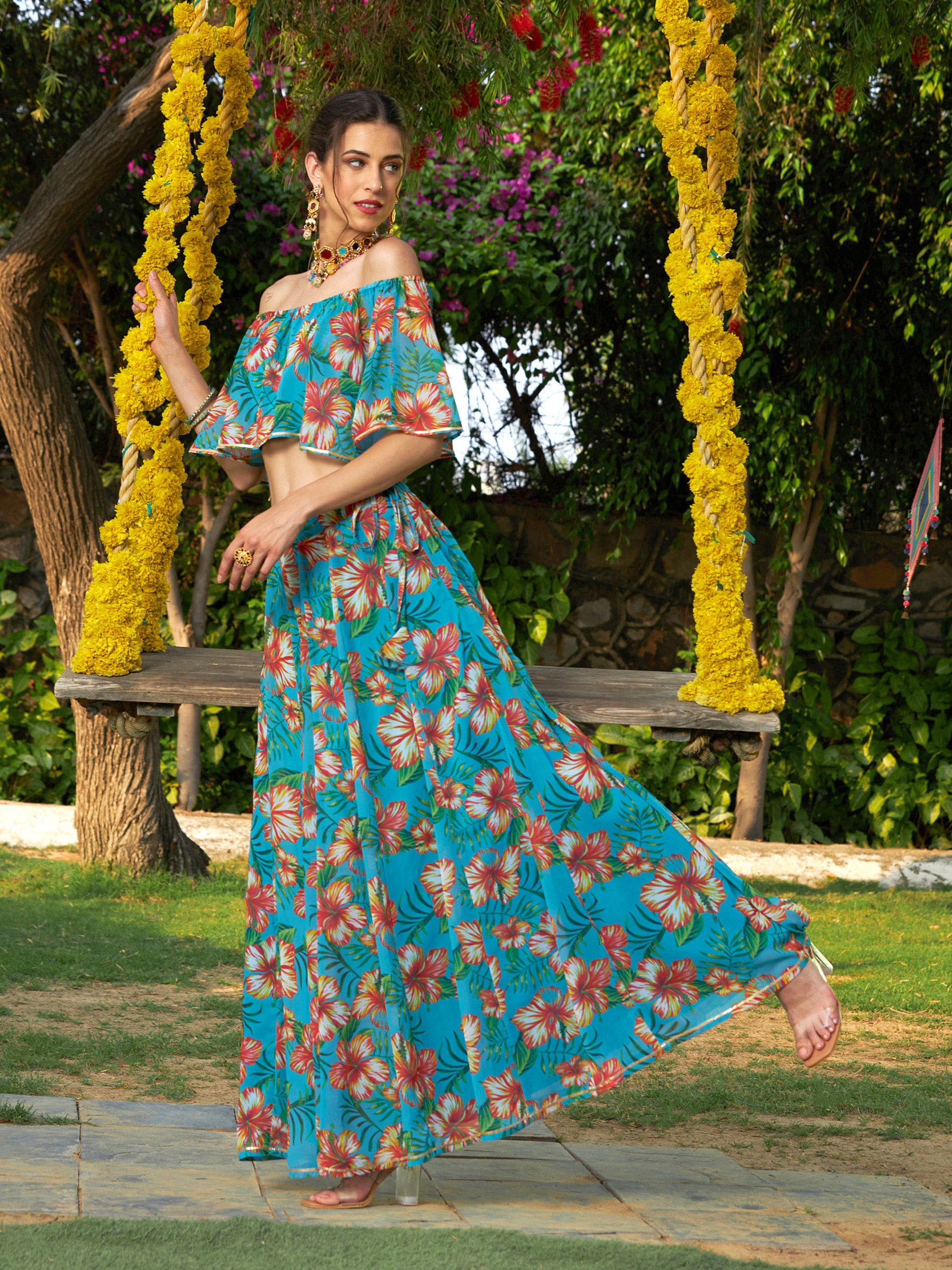 Women Teal Floral Off Shoulder Crop Top With Anarkali Skirt