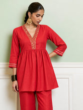 Red Embroidered Gathered Top With Palazzos-Shae by SASSAFRAS