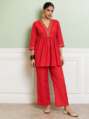 Red Embroidered Gathered Top With Palazzos-Shae by SASSAFRAS