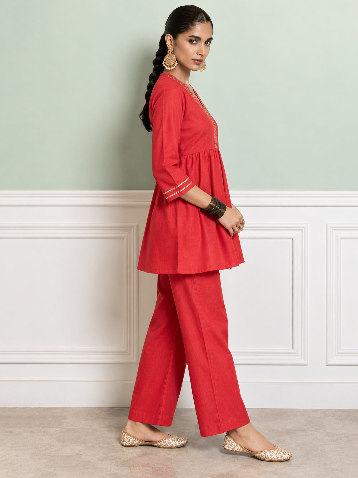 Red Embroidered Gathered Top With Palazzos-Shae by SASSAFRAS