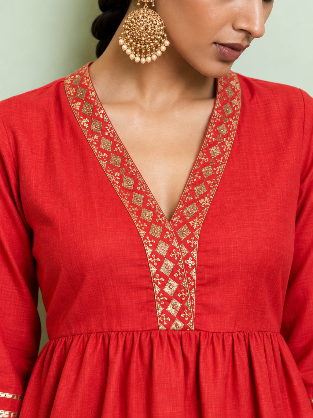 Red Embroidered Gathered Top With Palazzos-Shae by SASSAFRAS