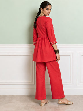 Red Embroidered Gathered Top With Palazzos-Shae by SASSAFRAS