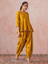 Mustard Zari Embroidered Peplum Top With Dhoti Pants-Shae by SASSAFRAS