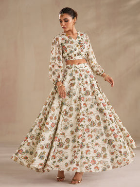 Beige Floral Wrap Top With Anarkali Skirt-Shae by SASSAFRAS
