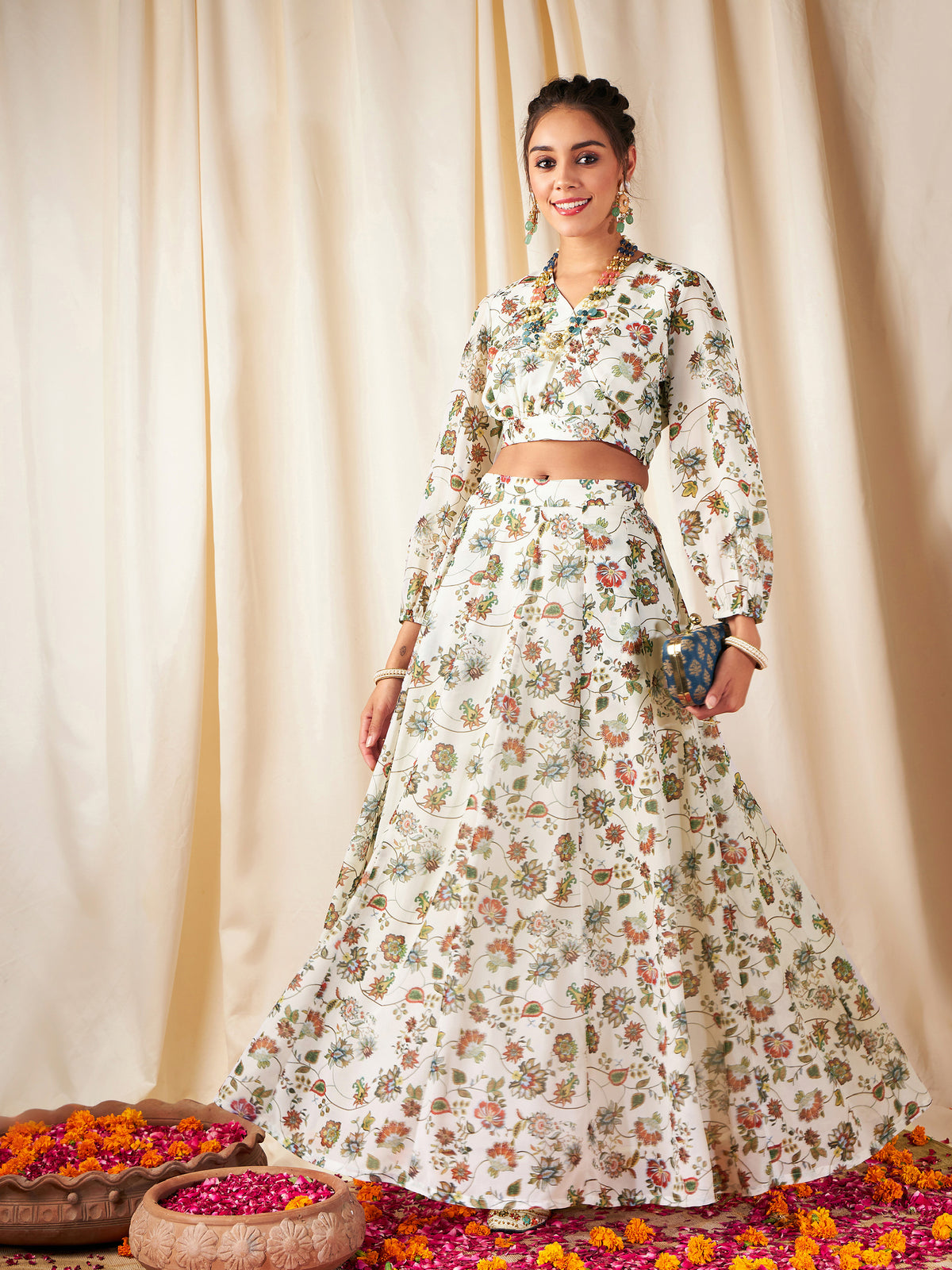 Beige Floral Wrap Top With Anarkali Skirt-Shae by SASSAFRAS