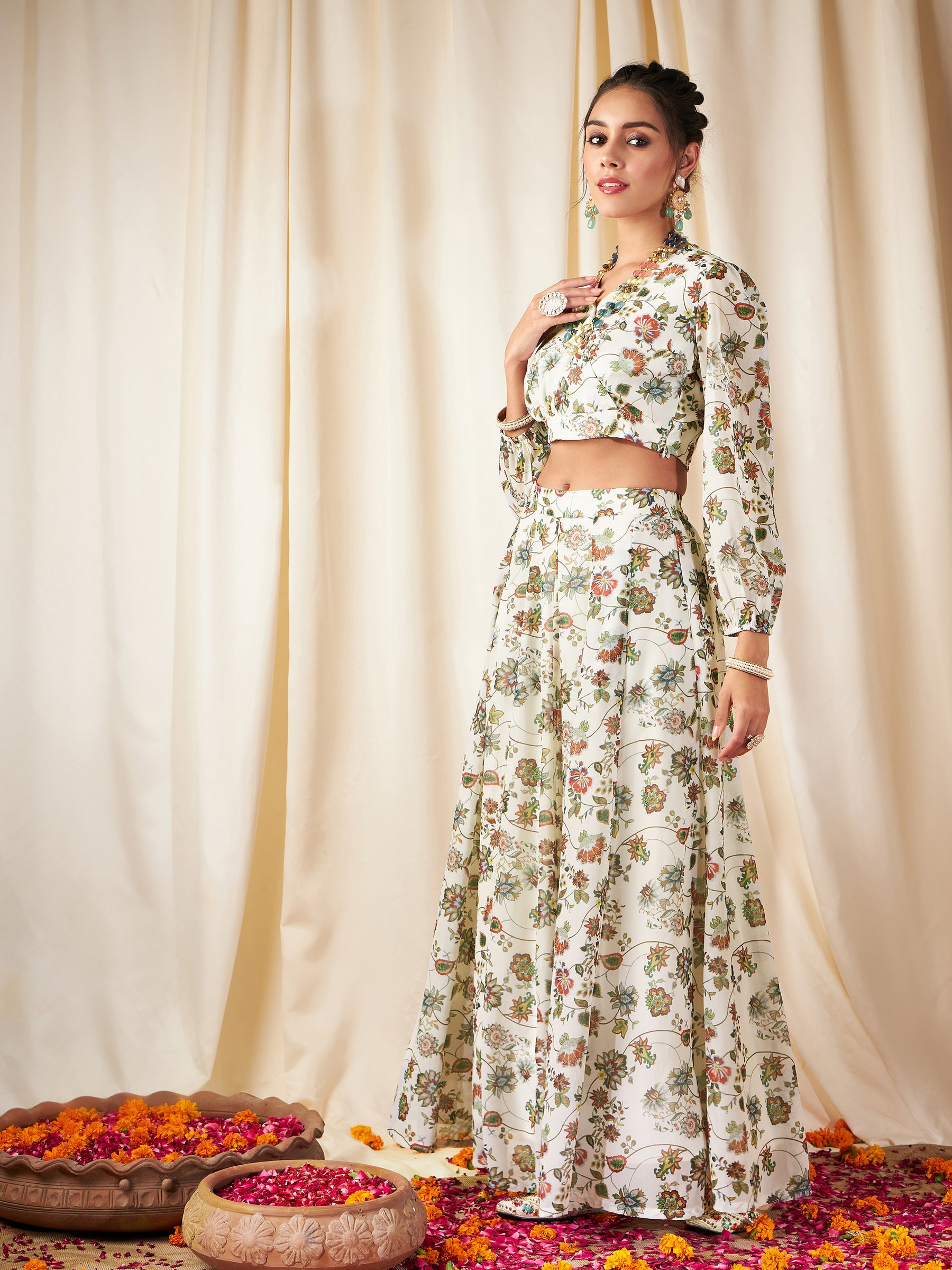 Beige Floral Wrap Top With Anarkali Skirt-Shae by SASSAFRAS