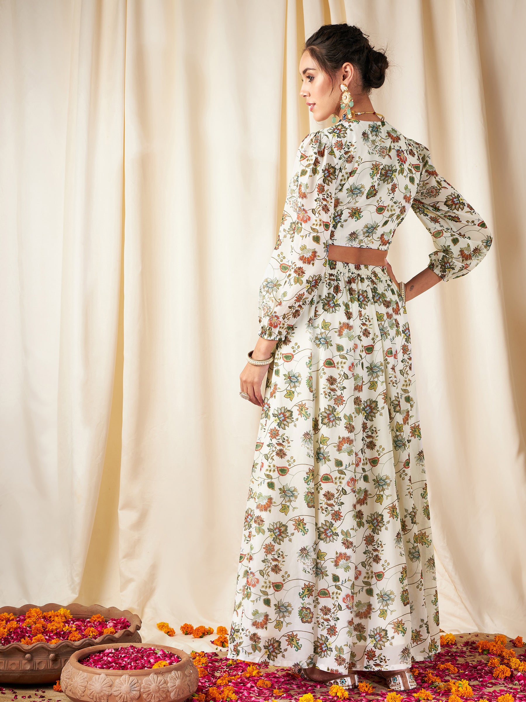 Beige Floral Wrap Top With Anarkali Skirt-Shae by SASSAFRAS
