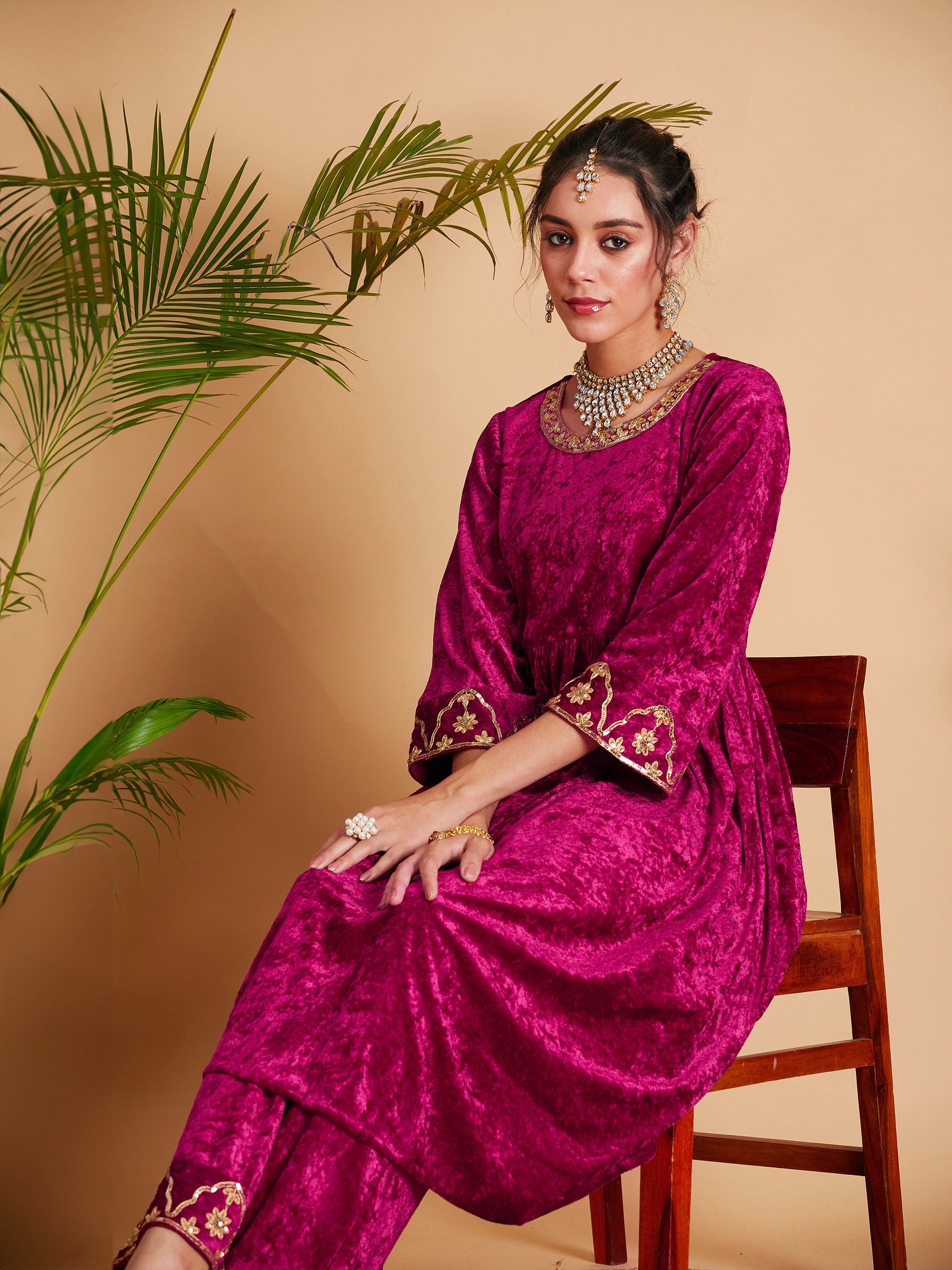 Buy Women Fuchsia Velvet Embroidered Dress With Pants Online at Best Price - Sassafras Buy Women Fuchsia Velvet Embroidered Dress With Pants Online at Best Price - Sassafras
