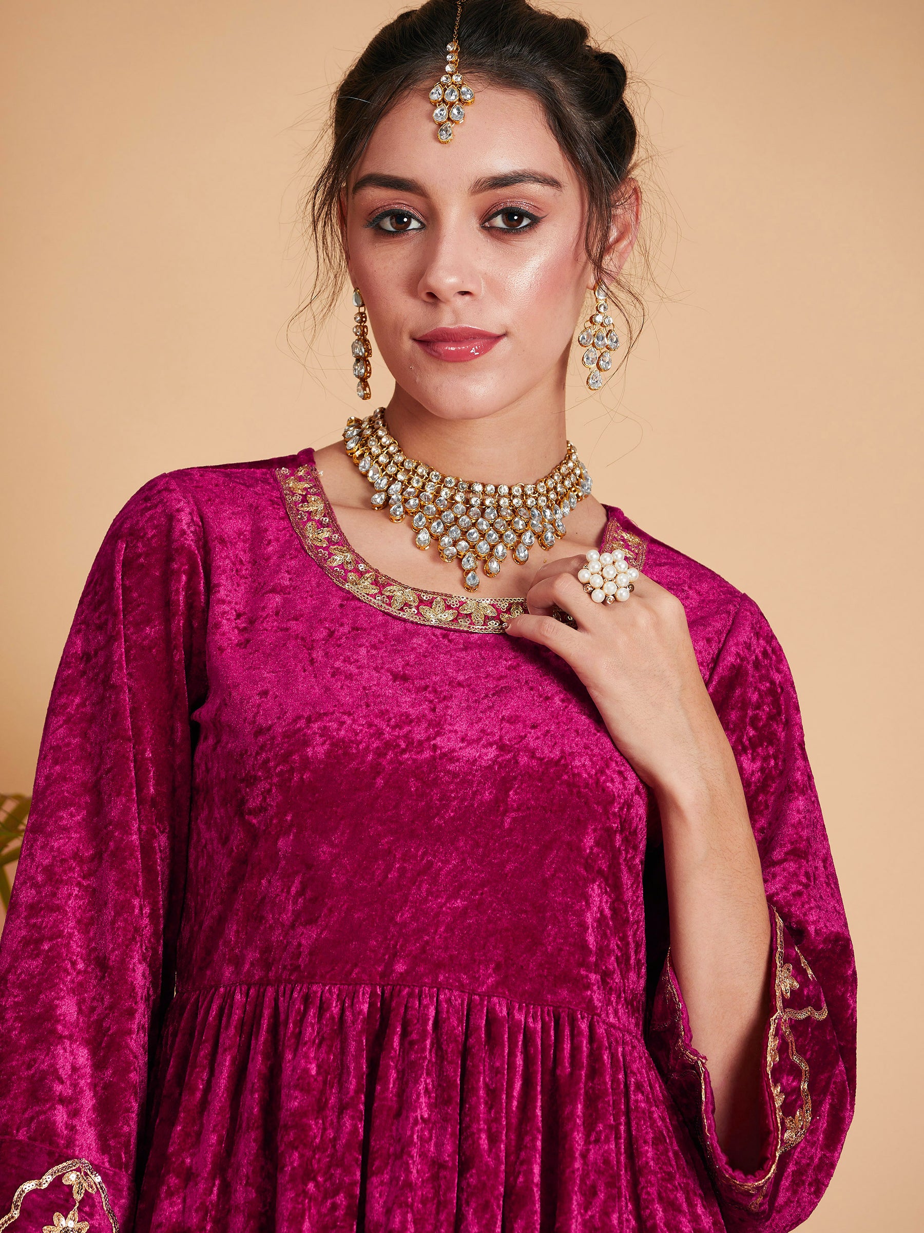 Buy Women Fuchsia Velvet Embroidered Dress With Pants Online at Best Price - Sassafras Buy Women Fuchsia Velvet Embroidered Dress With Pants Online at Best Price - Sassafras