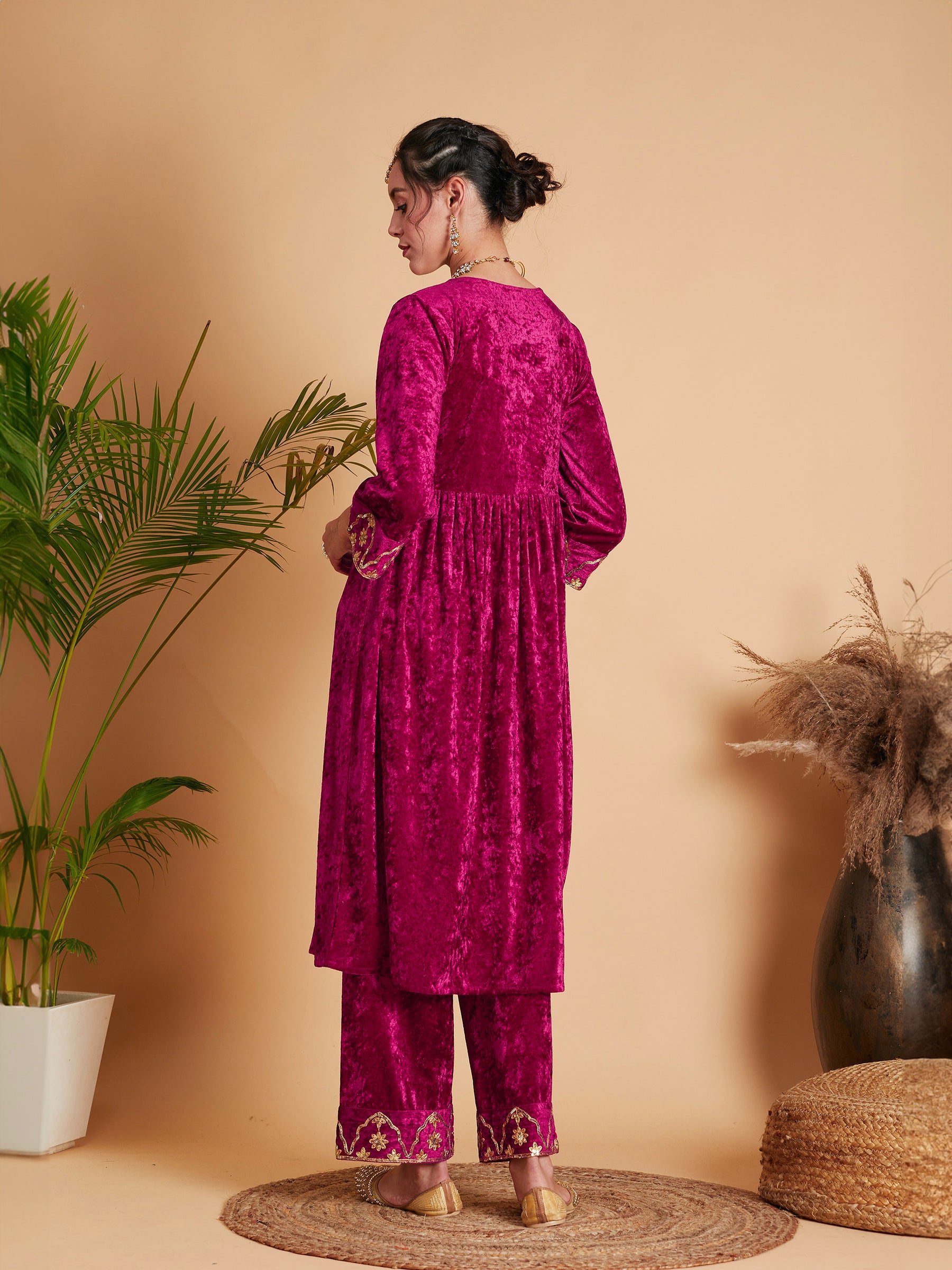 Buy Women Fuchsia Velvet Embroidered Dress With Pants Online at Best Price - Sassafras Buy Women Fuchsia Velvet Embroidered Dress With Pants Online at Best Price - Sassafras