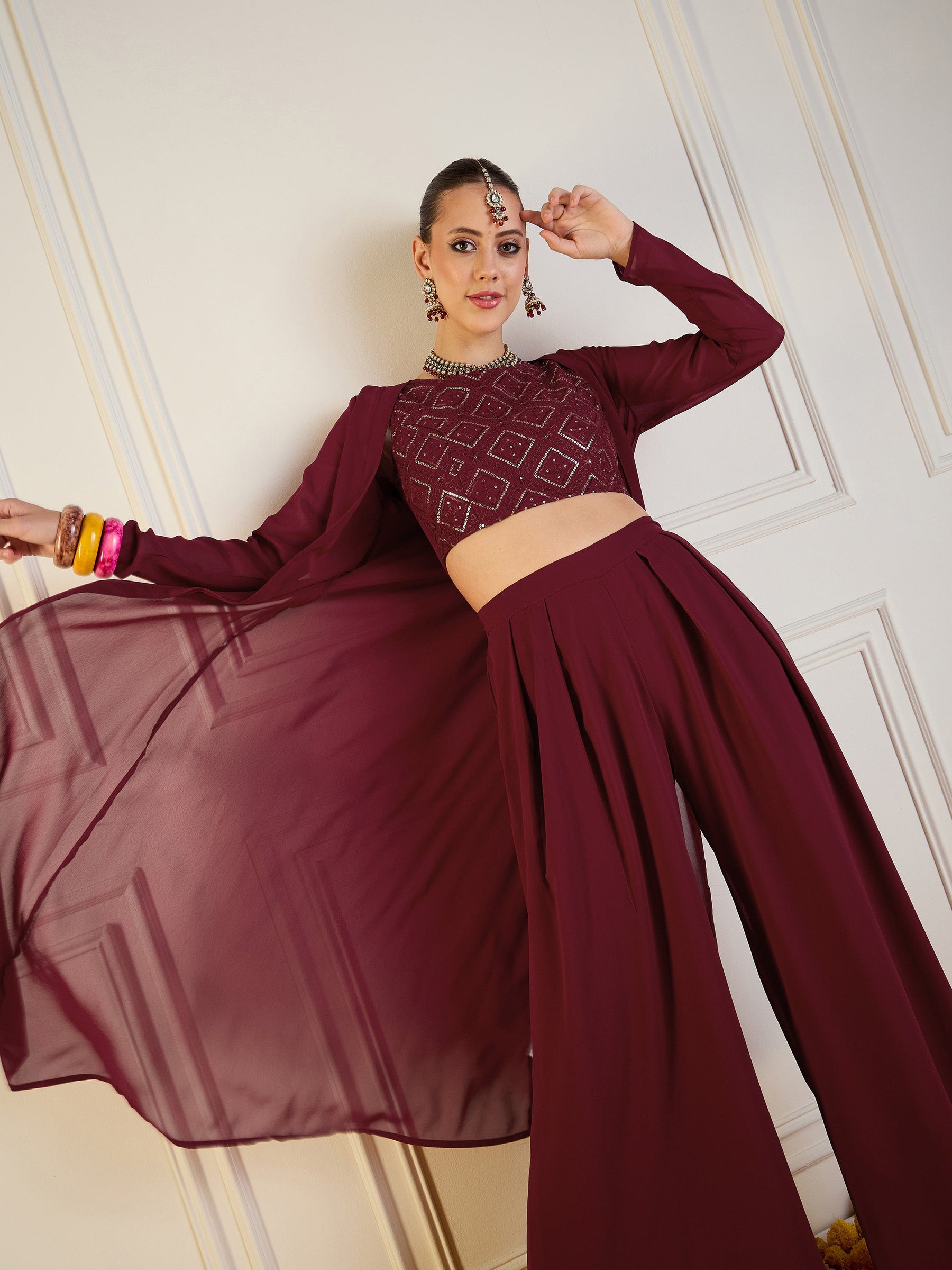 Maroon Crop Top With Palazzos & Shrug-Shae by SASSAFRAS