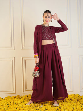 Maroon Crop Top With Palazzos & Shrug-Shae by SASSAFRAS