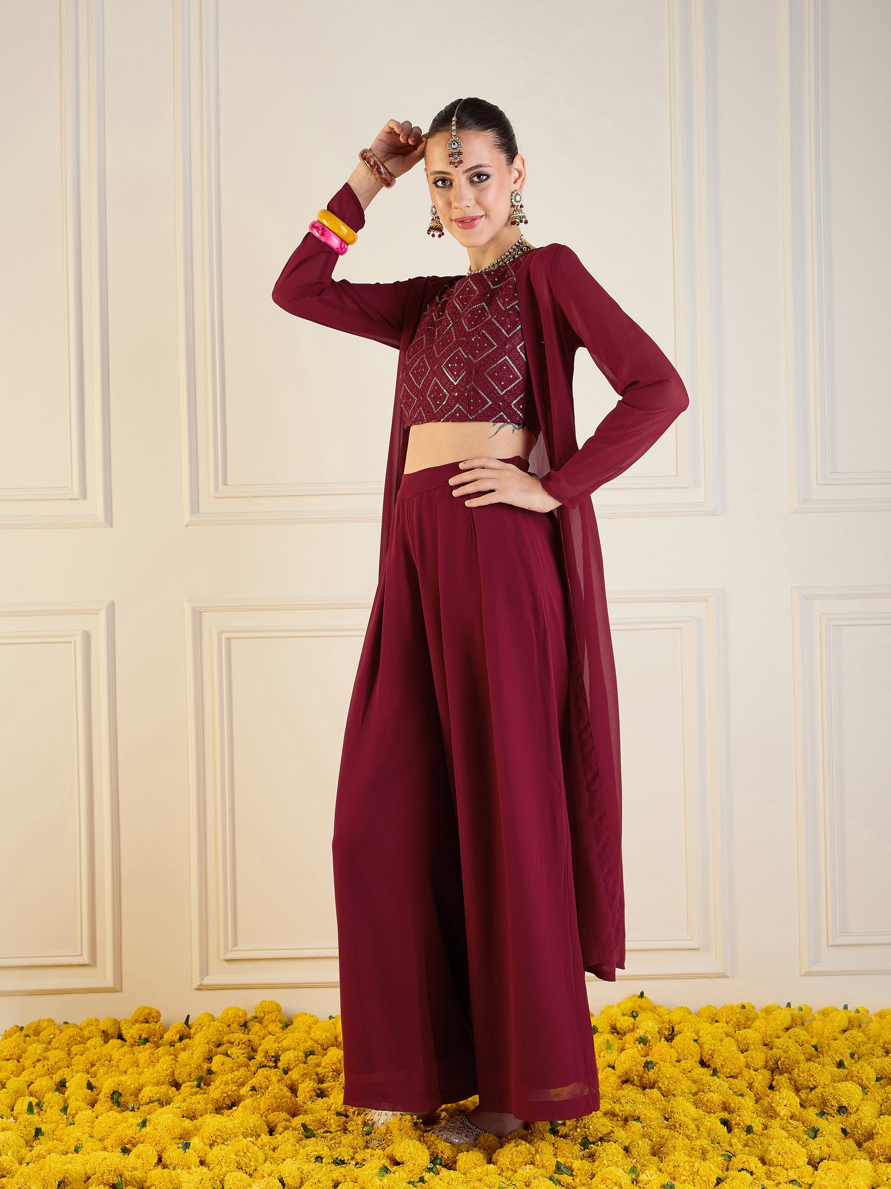 Maroon Crop Top With Palazzos & Shrug-Shae by SASSAFRAS