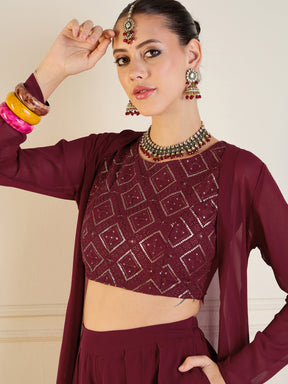 Maroon Crop Top With Palazzos & Shrug-Shae by SASSAFRAS