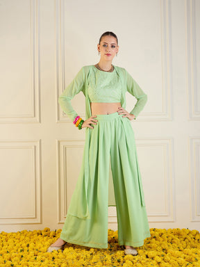 Mint Green Crop Top With Palazzos & Shrug-Shae by SASSAFRAS