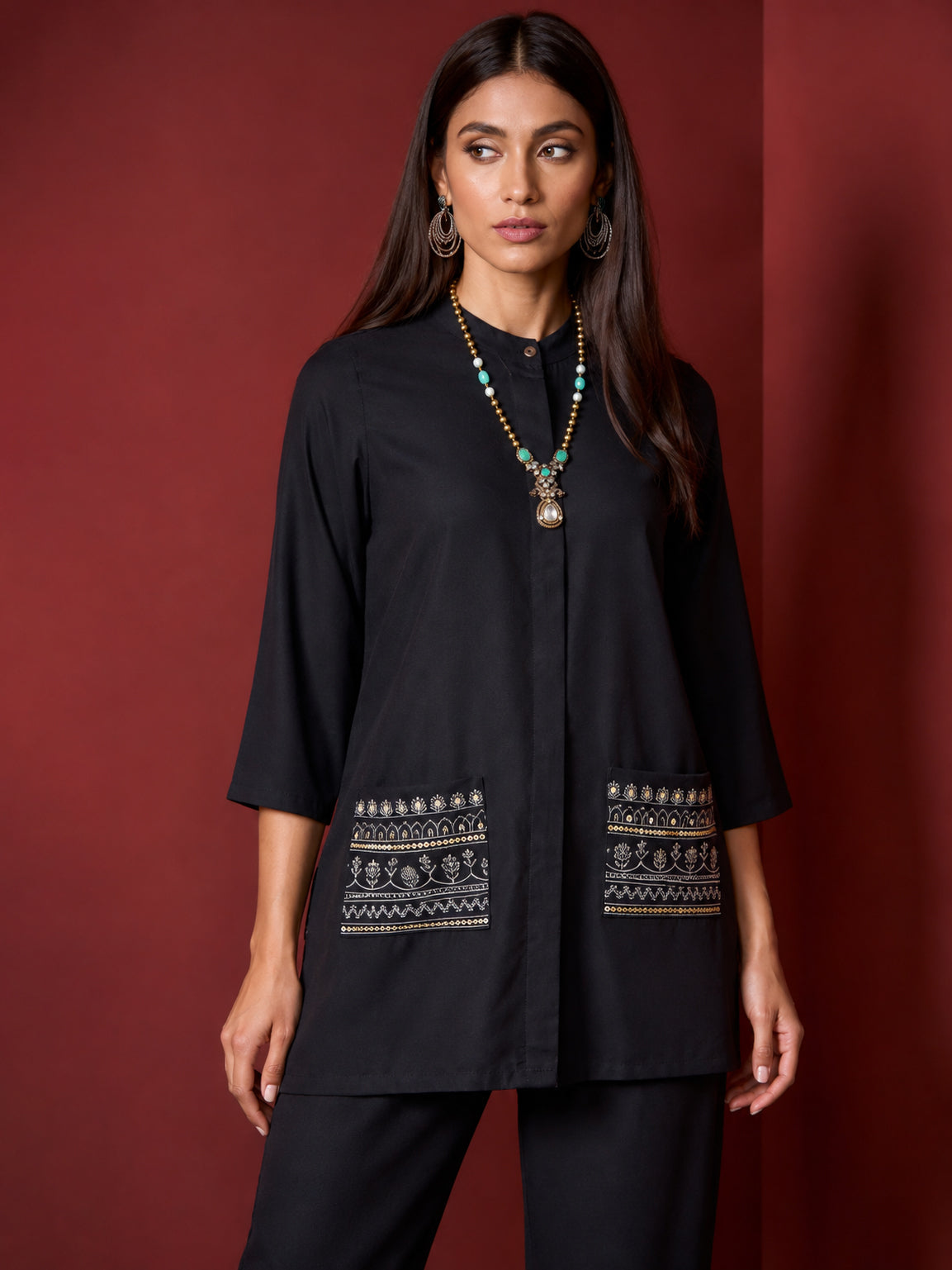 Women Black Embroidered Pocket Shirt With Palazzos