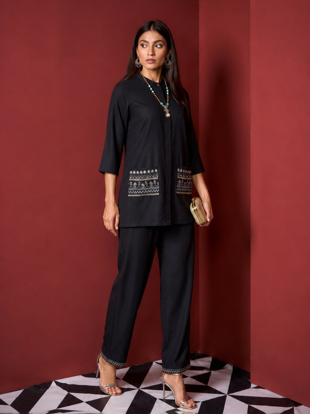 Women Black Embroidered Pocket Shirt With Palazzos