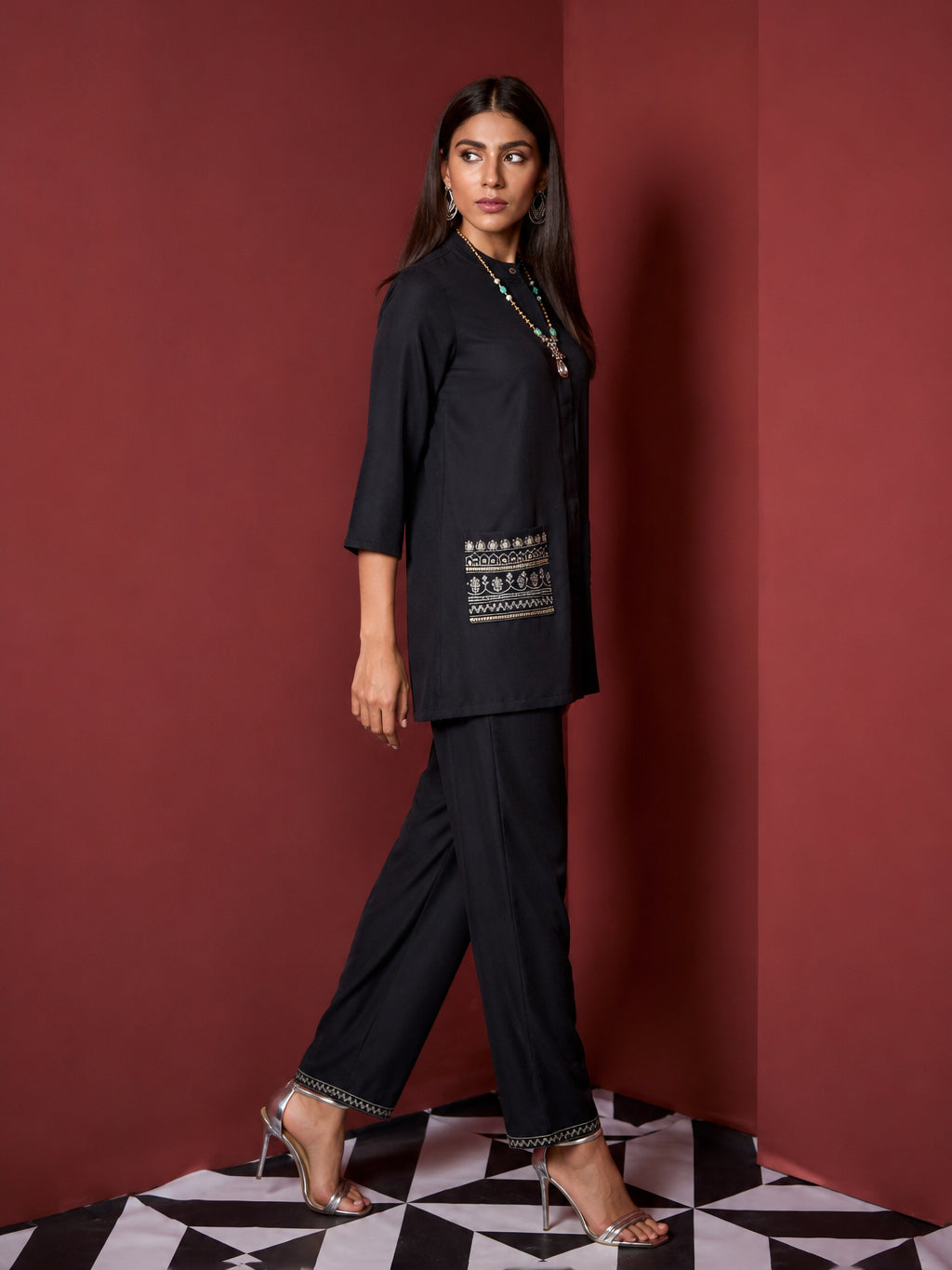 Women Black Embroidered Pocket Shirt With Palazzos