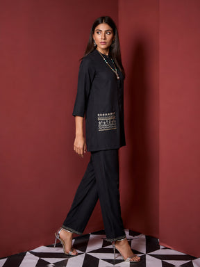 Women Black Embroidered Pocket Shirt With Palazzos