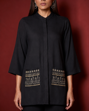 Women Black Embroidered Pocket Shirt With Palazzos