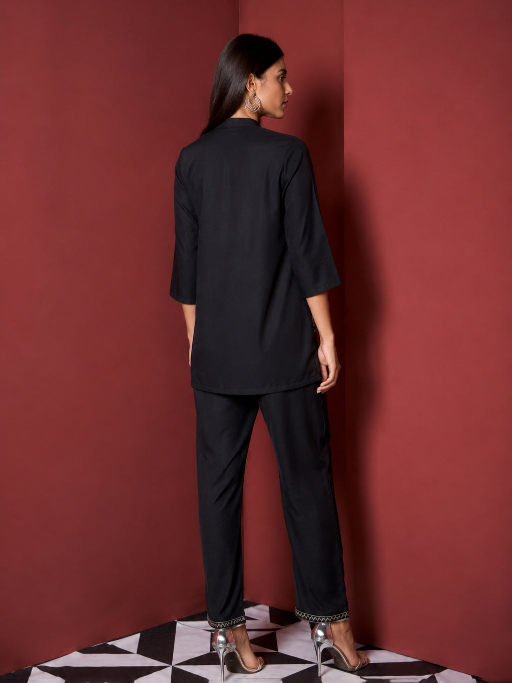 Women Black Embroidered Pocket Shirt With Palazzos