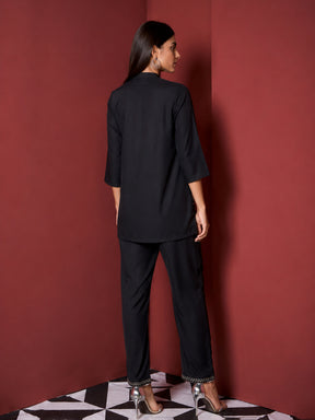 Women Black Embroidered Pocket Shirt With Palazzos