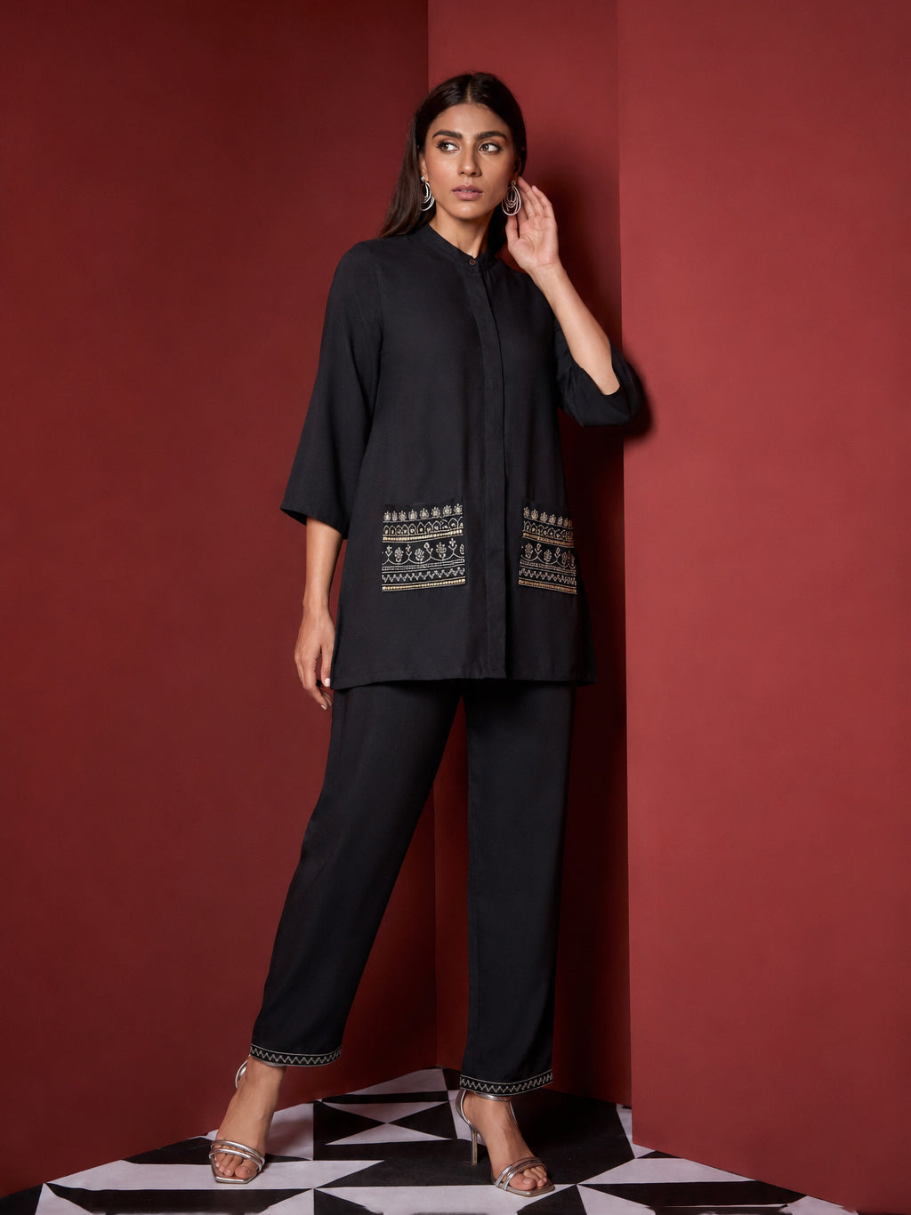 Women Black Embroidered Pocket Shirt With Palazzos