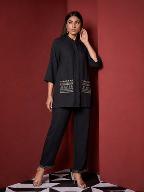 Women Black Embroidered Pocket Shirt With Palazzos