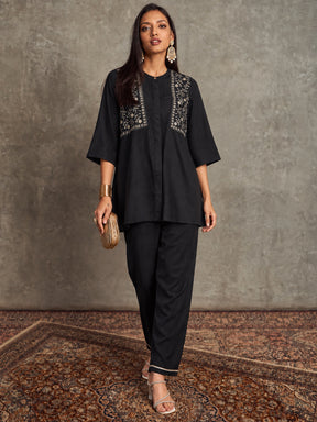 Black Yoke Embroidered Shirt With Palazzos-Shae by SASSAFRAS