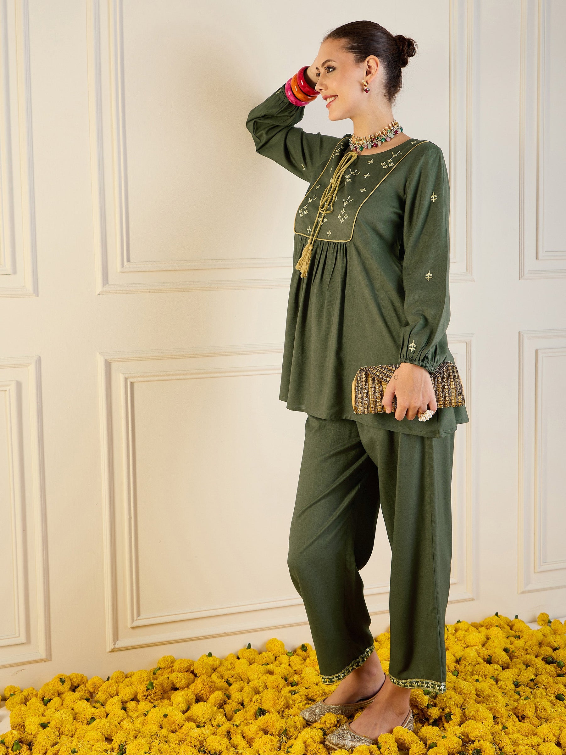 Olive Embroidered Peplum Top With Palazzos-Shae by SASSAFRAS