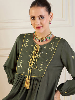 Olive Embroidered Peplum Top With Palazzos-Shae by SASSAFRAS