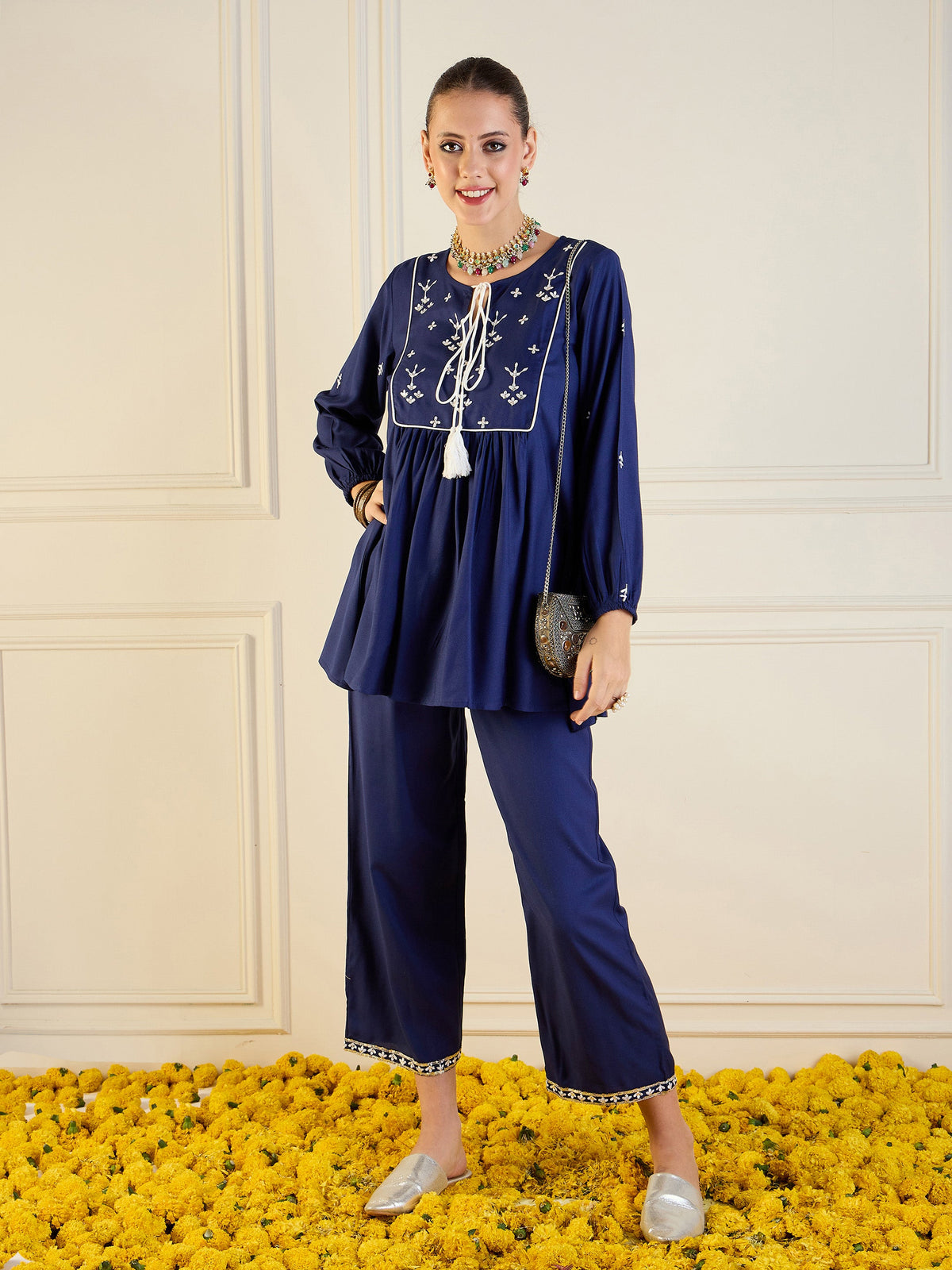 Royal Blue Embroidered Peplum Top With Palazzos-Shae by SASSAFRAS