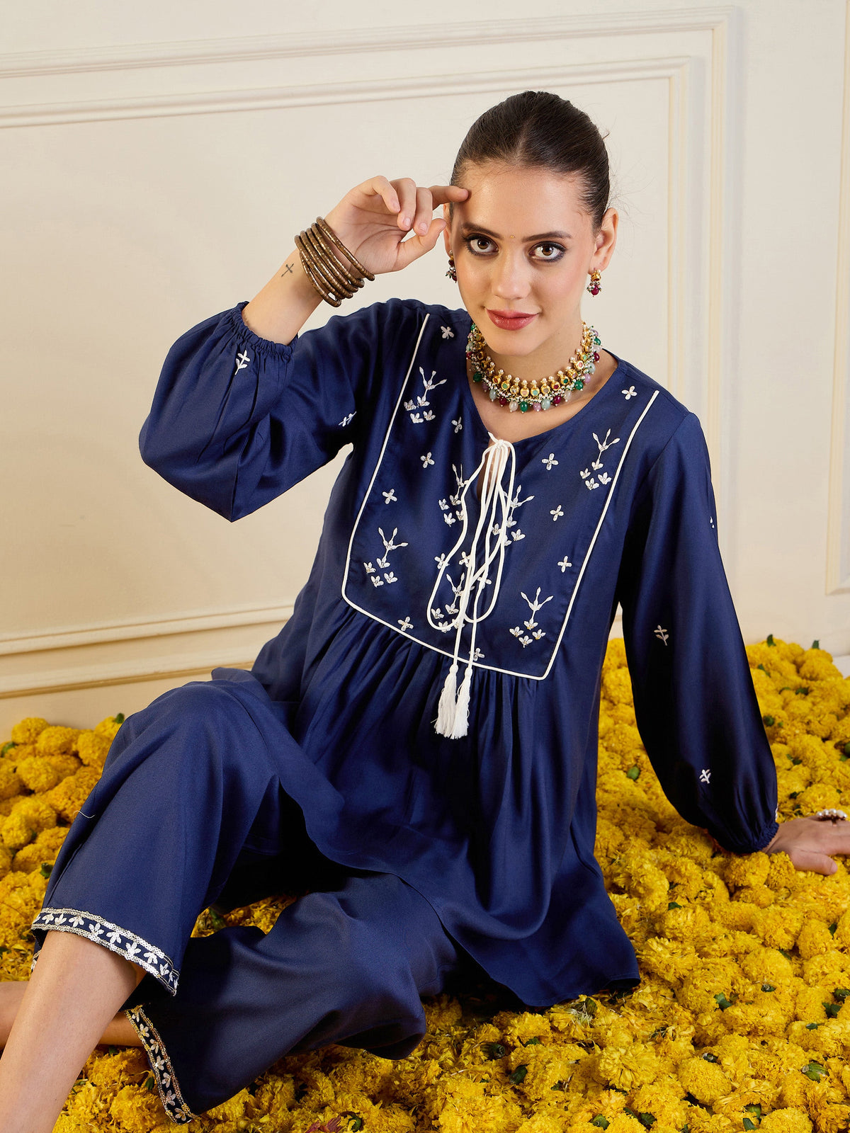 Royal Blue Embroidered Peplum Top With Palazzos-Shae by SASSAFRAS