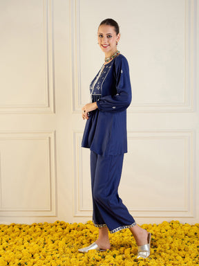 Royal Blue Embroidered Peplum Top With Palazzos-Shae by SASSAFRAS