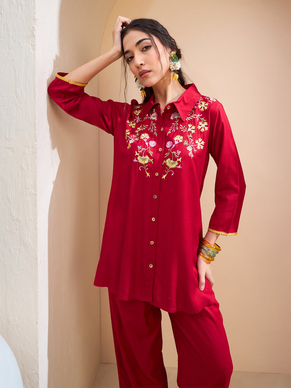 Maroon Front Embroidered Shirt With Palazzos-Shae by SASSAFRAS