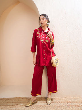 Maroon Front Embroidered Shirt With Palazzos-Shae by SASSAFRAS