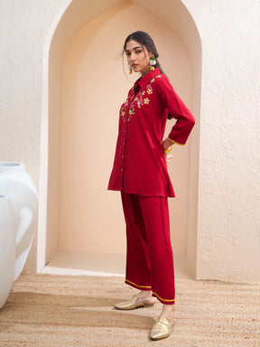 Maroon Front Embroidered Shirt With Palazzos-Shae by SASSAFRAS