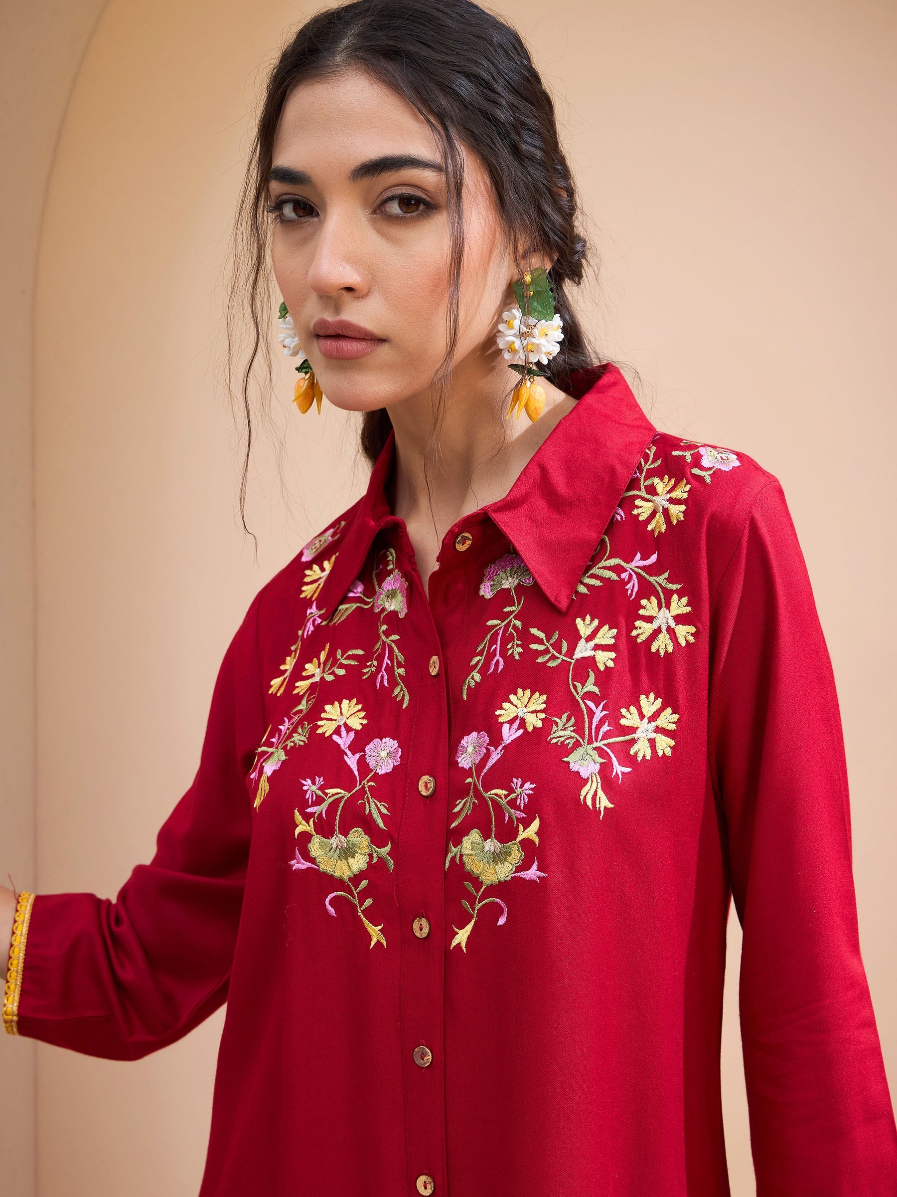 Maroon Front Embroidered Shirt With Palazzos-Shae by SASSAFRAS