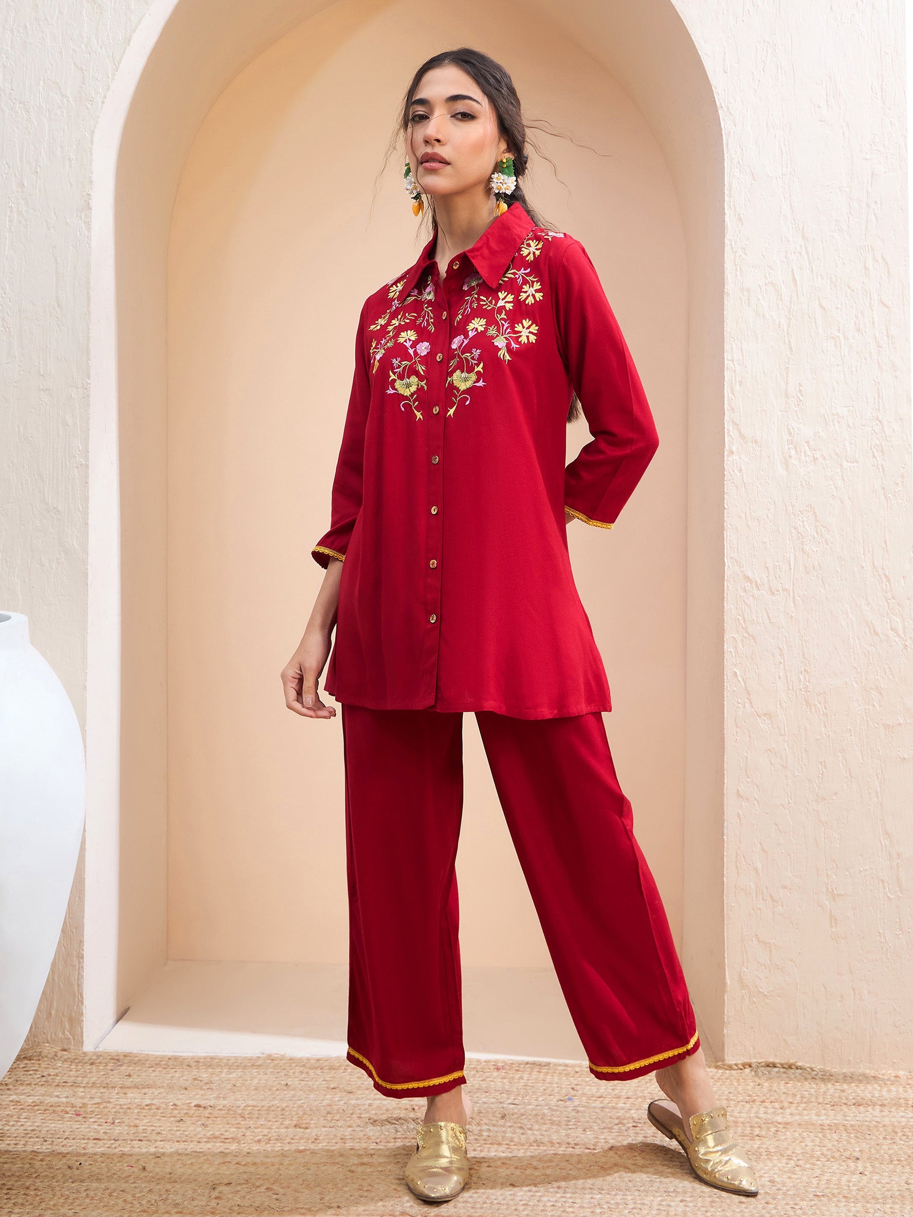 Maroon Front Embroidered Shirt With Palazzos-Shae by SASSAFRAS