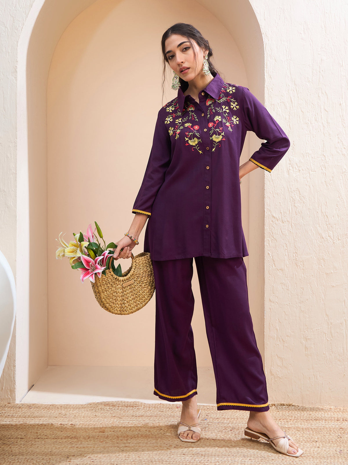 Purple Front Embroidered Shirt With Palazzos-Shae by SASSAFRAS