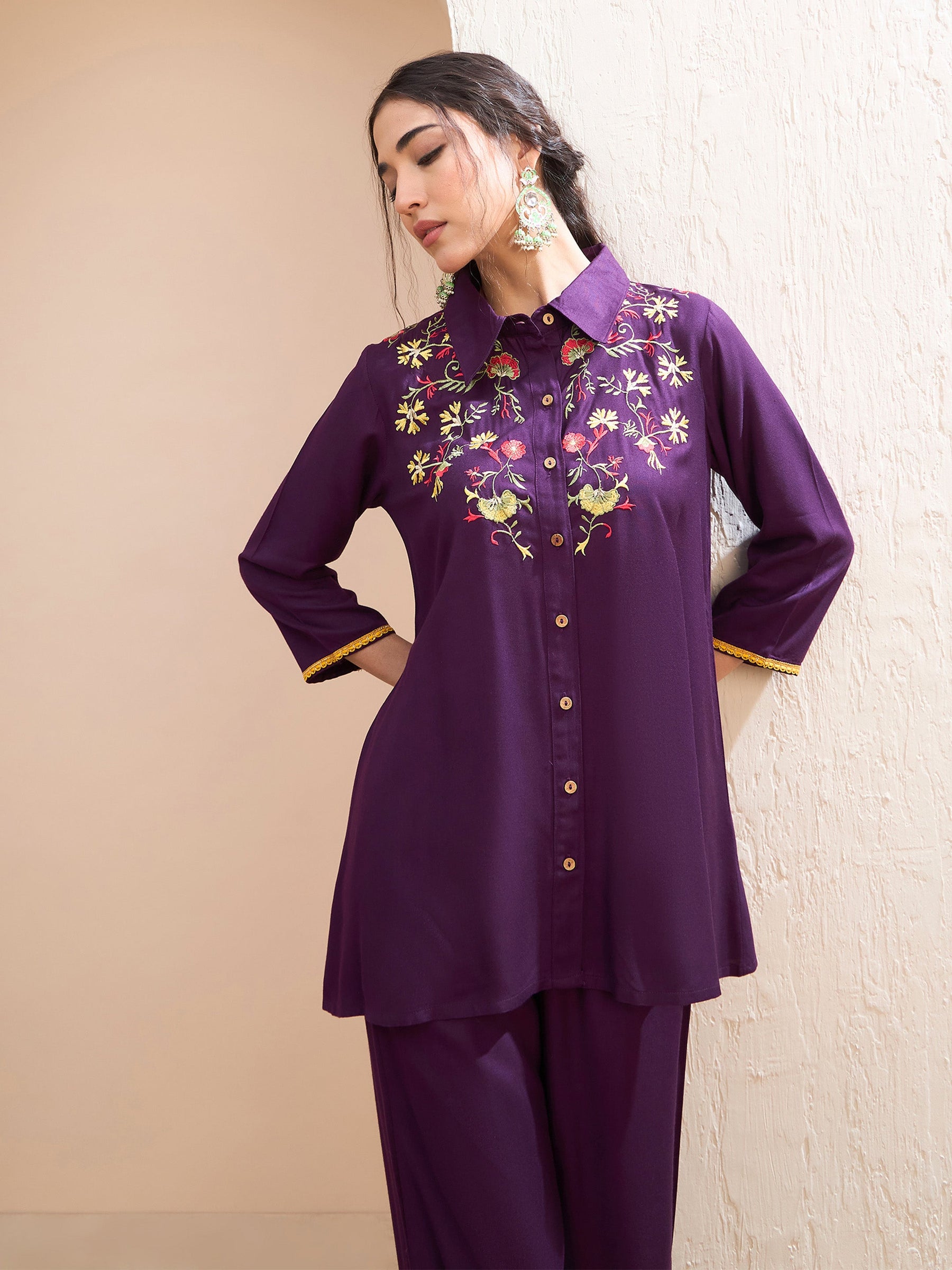 Purple Front Embroidered Shirt With Palazzos-Shae by SASSAFRAS