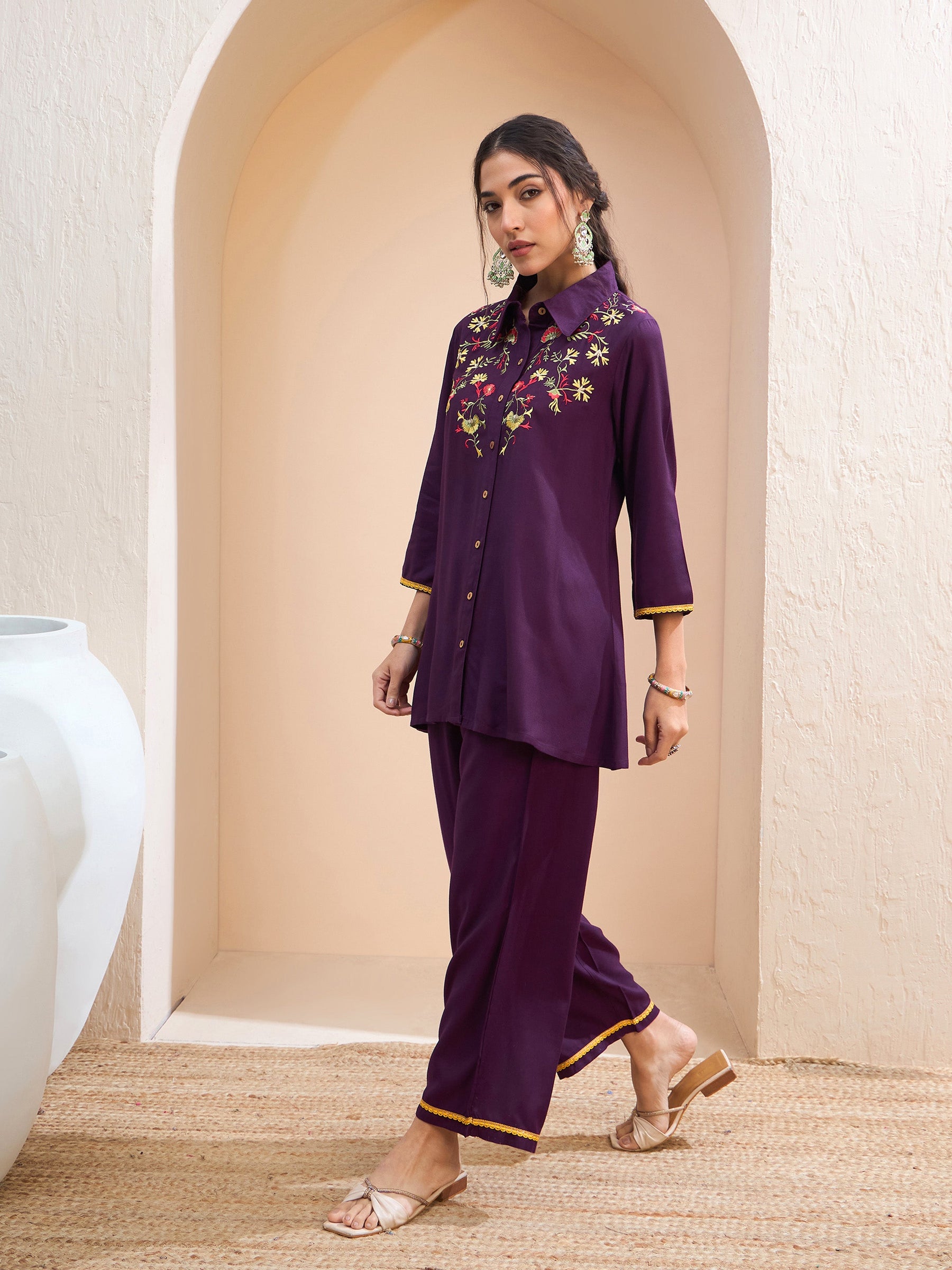 Purple Front Embroidered Shirt With Palazzos-Shae by SASSAFRAS