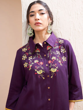 Purple Front Embroidered Shirt With Palazzos-Shae by SASSAFRAS