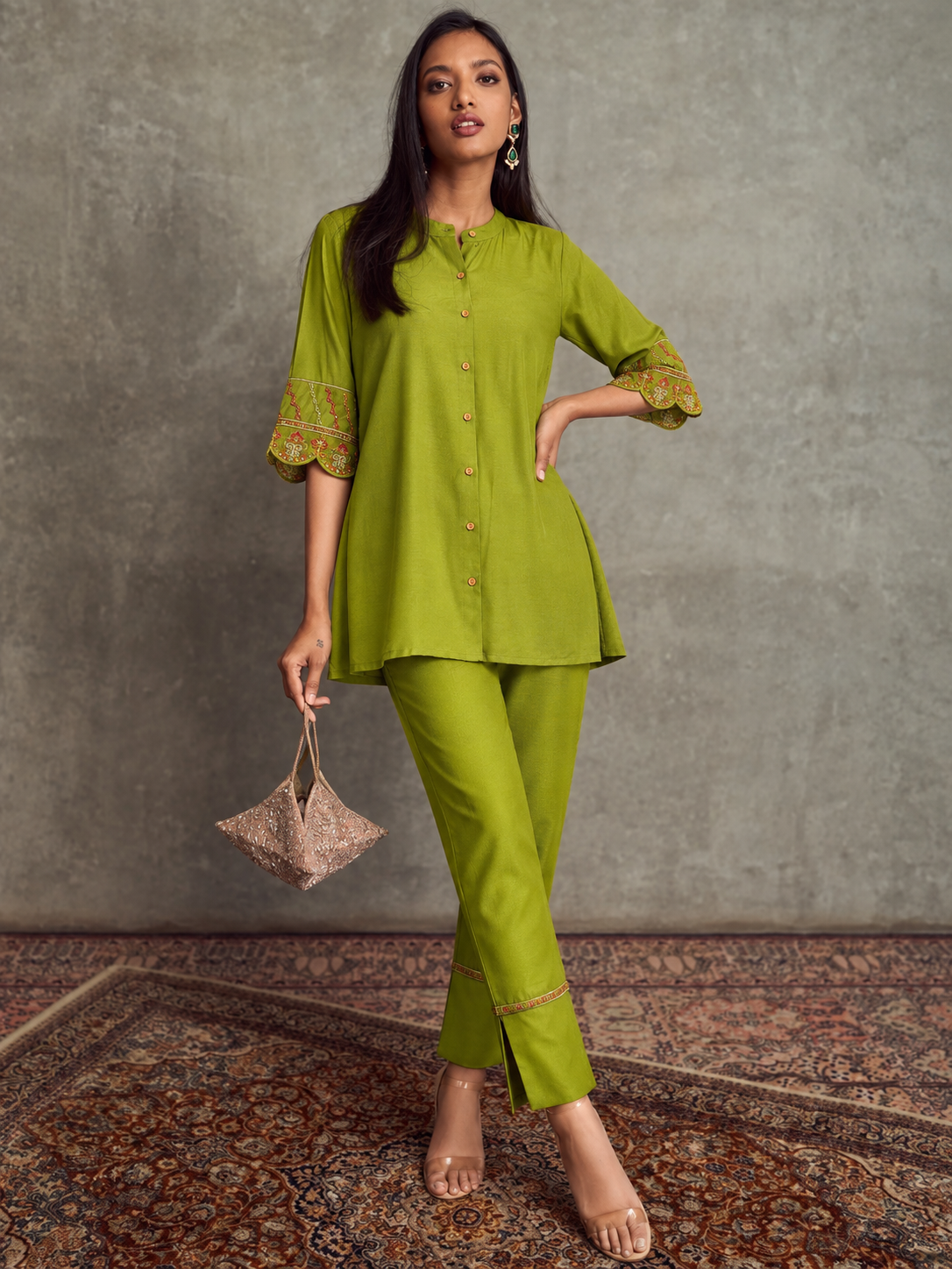 Women Green Sleeves Embroidered Shirt With Palazzos