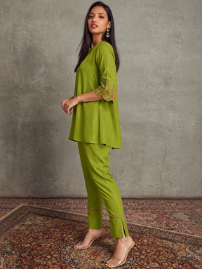 Women Green Sleeves Embroidered Shirt With Palazzos