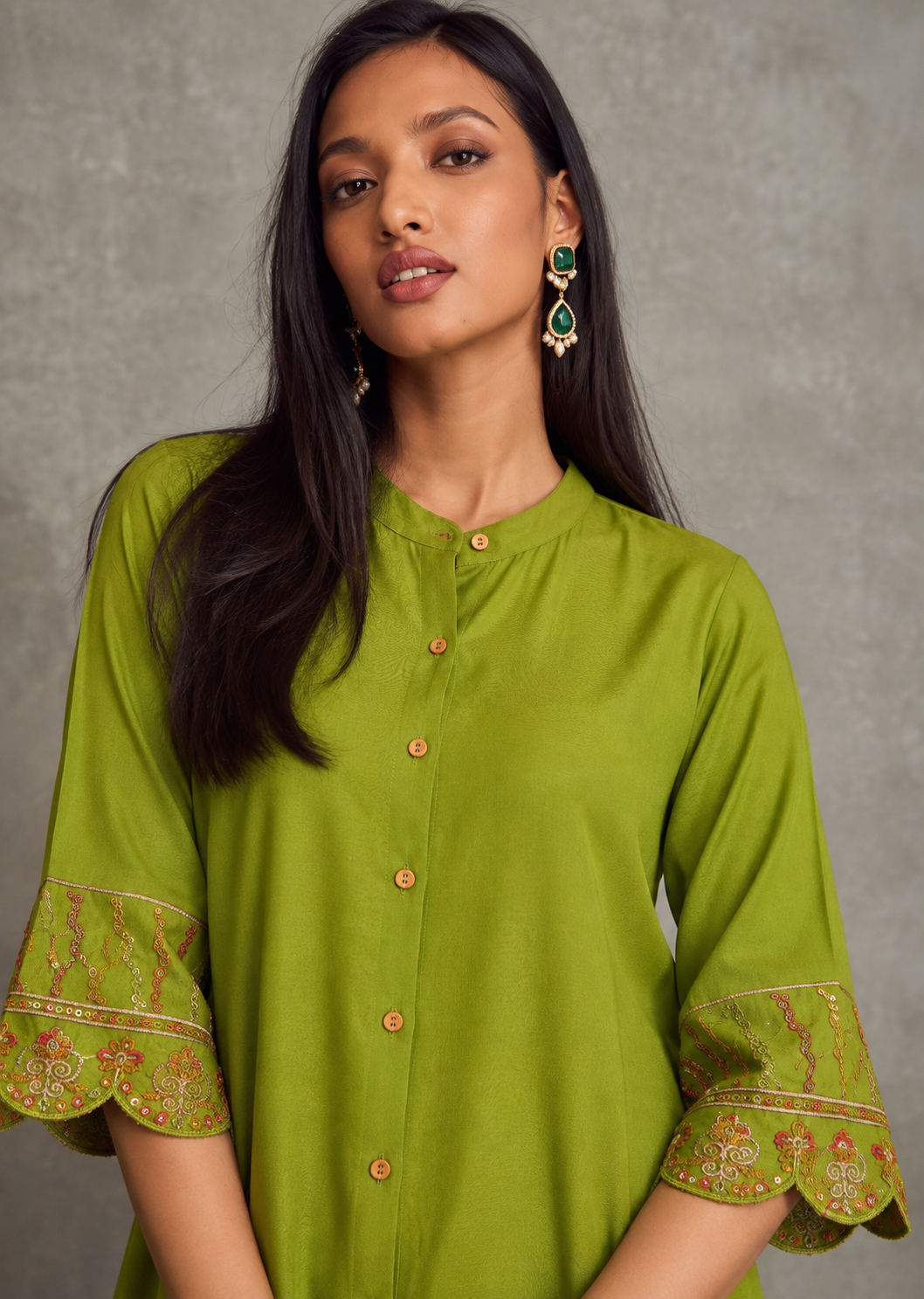 Women Green Sleeves Embroidered Shirt With Palazzos