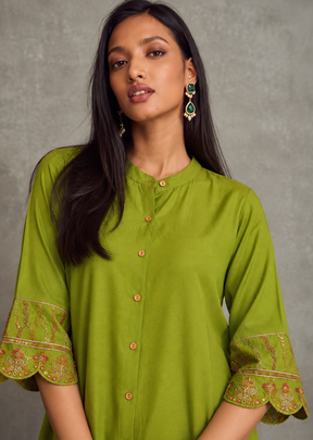 Women Green Sleeves Embroidered Shirt With Palazzos